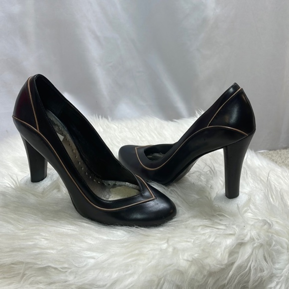 BCBGirls Black Leather Pumps with Chunky Heels, Size 8